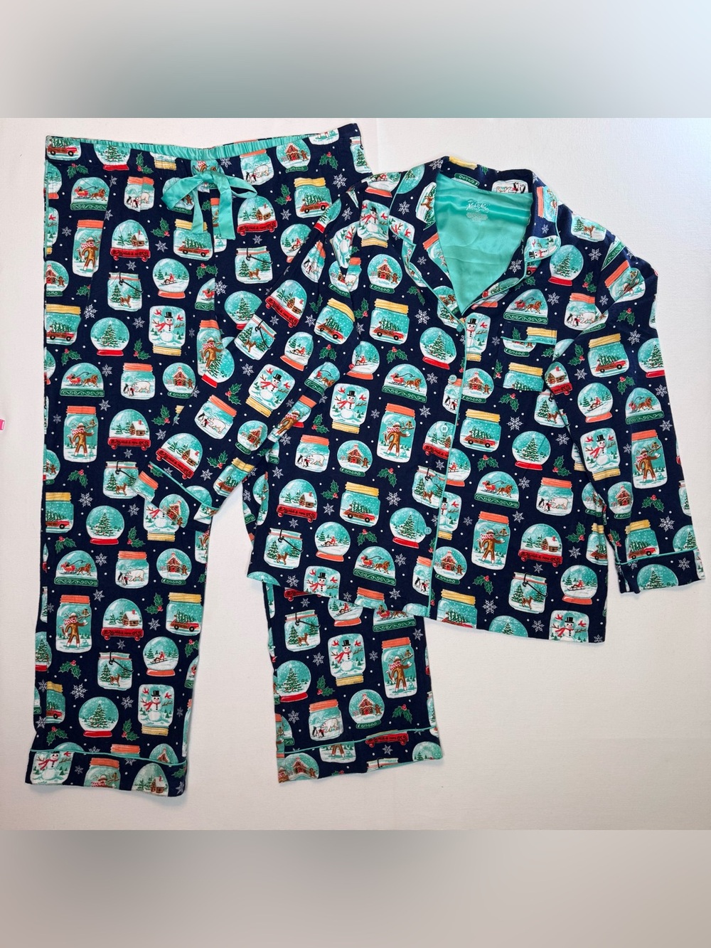 Nick & Nora Flannel Pajama‎ Set sz XXL Christmas snow globe sock monkey Winter